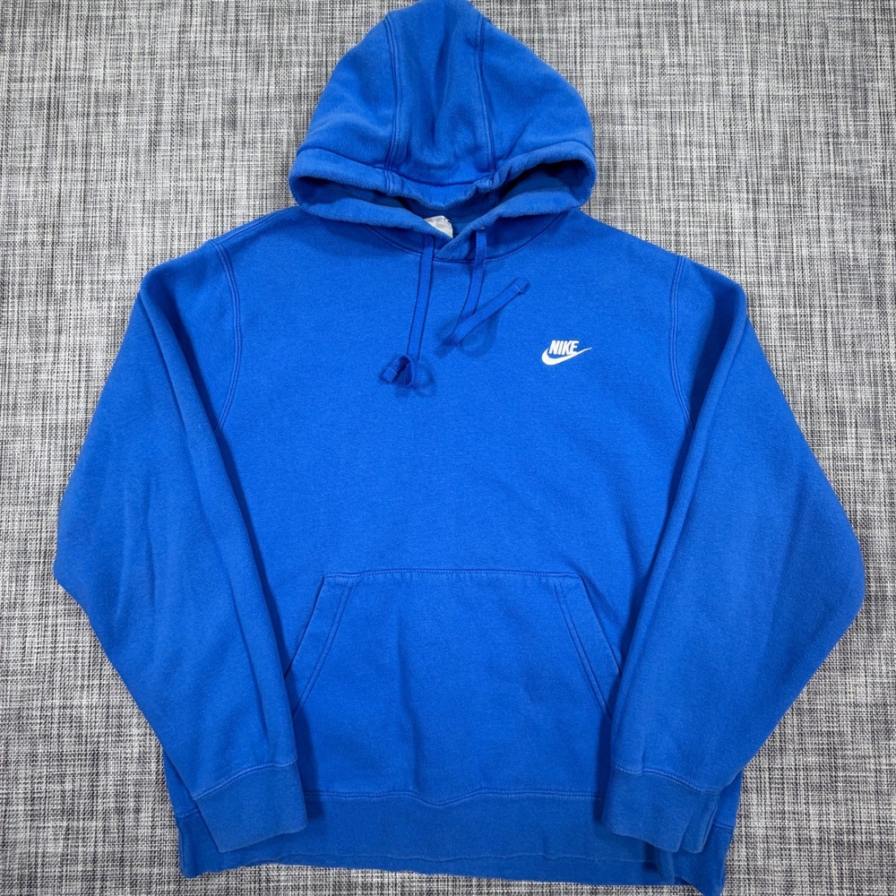 Nike Mens Large Club Fleece Hoodie Blue Embroidered Swoosh Pullover Sweatshirt